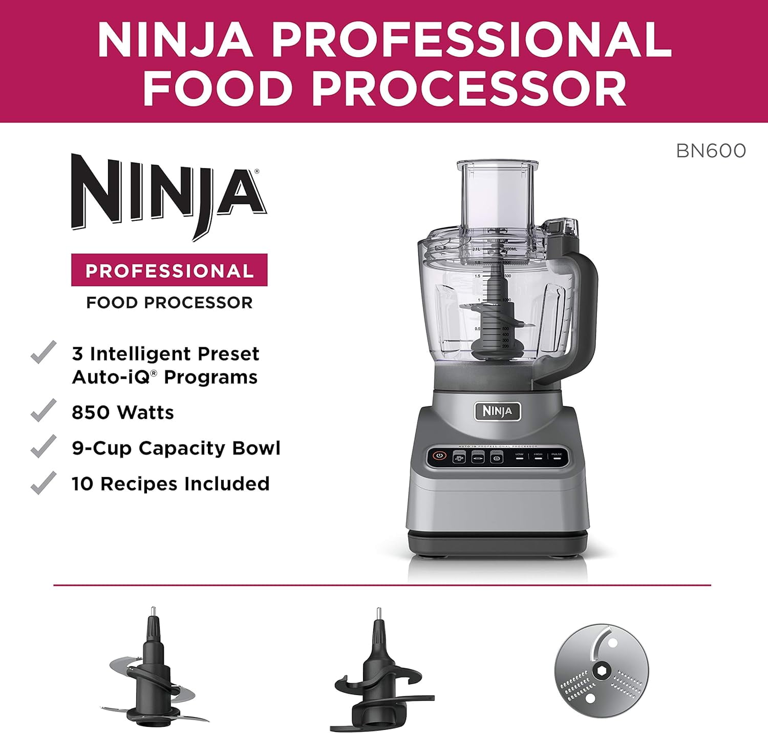 Restored Ninja BN600 Professional Plus Food Processor, 850 Watts, 3 Functions for Chopping, Slicing & Dough with 9-Cup Processor Bowl, 3 Blades, Food Chute & Pusher, Silver (Refurbished)