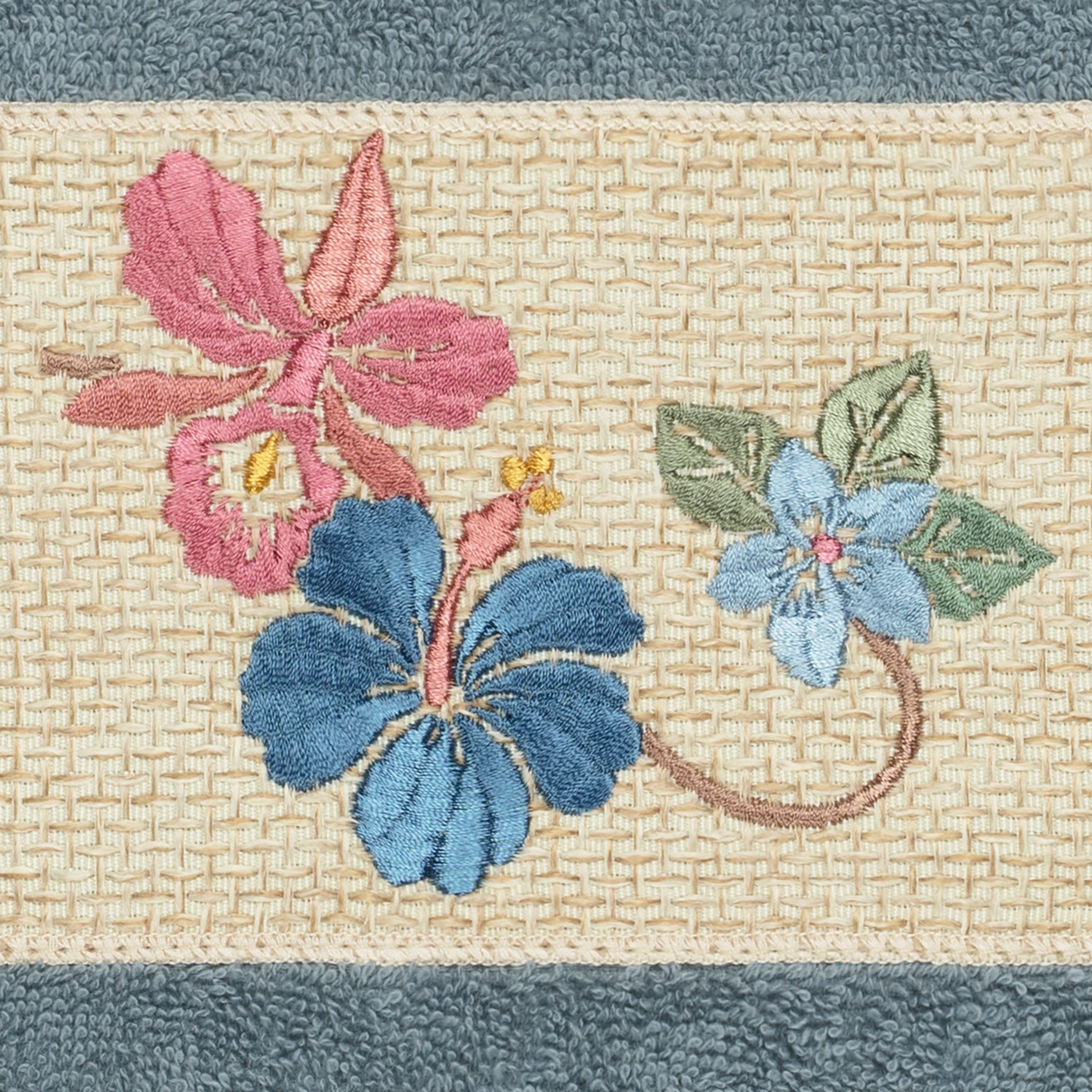 Authentic Hotel and Spa  Turkish Cotton Floral Vine Embroidered Teal Blue Hand Towel