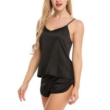 

Greyghost ZB-Women s Pajamas Set Spring Summer Sexy Simulation Silk Solid Color Camisole And Shorts 2Pcs Sleepwear Suit