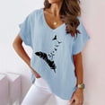 thumbnail image 3 of Gibobby Blusa Sexy Cuello en V Camiseta manga corta murciélago casual algodón con cuello en V y estampado plumas para mujer(Azul,XL), 3 of 4
