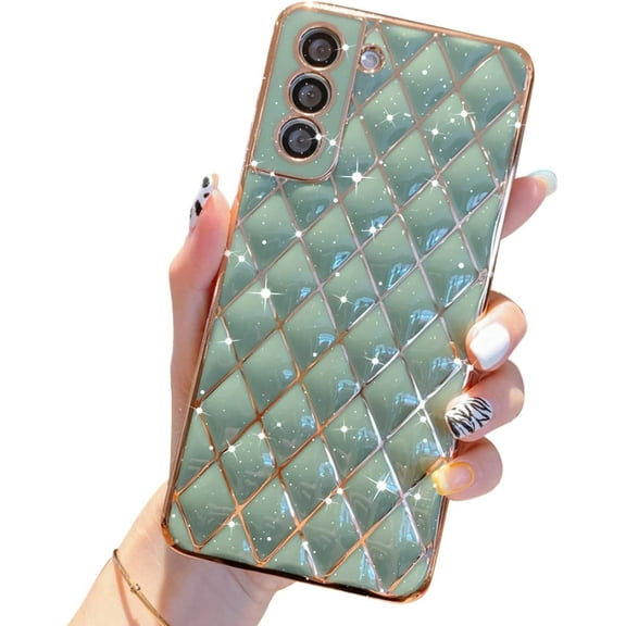 case for Samsung Galaxy S21 Plus 5G Case Plating Sparkle Luxury Diamond Lattice Cases for Women Girls Camera Lens Protection Shockproof Soft Silicone Cover for Samsung Galaxy S21 6.7” (Light Green)