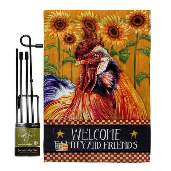 Breeze Decor BD-FA-GS-110129-IP-BO-D-US18-BD 13 x 18.5 in. Country Rooster Nature Farm Animals Impressions Decorative Vertical Double Sided Garden Flag Set with Banner Pole