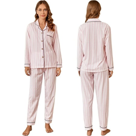 

Women s Pajamas Set Pink Long Sleeve Sleepwear Solid Nightwear Button Down Pj Lounge Sets S-XL