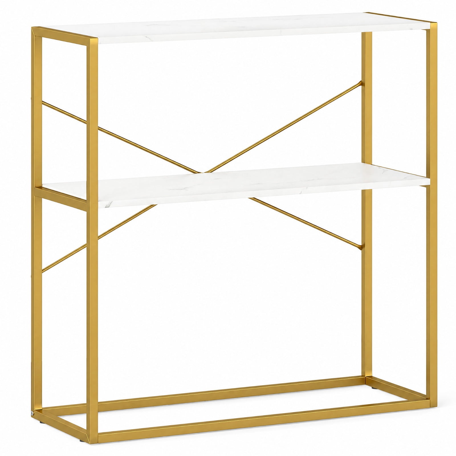 Furnibear 36 Inch 2-Tier Entryway Table with Wooden Open Shelves and X-Shaped Metal Frame for Narrow Hallway Living Room and Behind Sofa, White