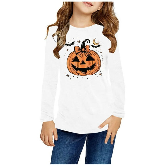 Odeerbi Kids Girls Fall Winter Basic Layering T-Shirt Halloween Basic Tees 3-14 Years Kids Long Sleeve Shirt Halloween Pullover Base Layer Shirts Kids Clothes Orange