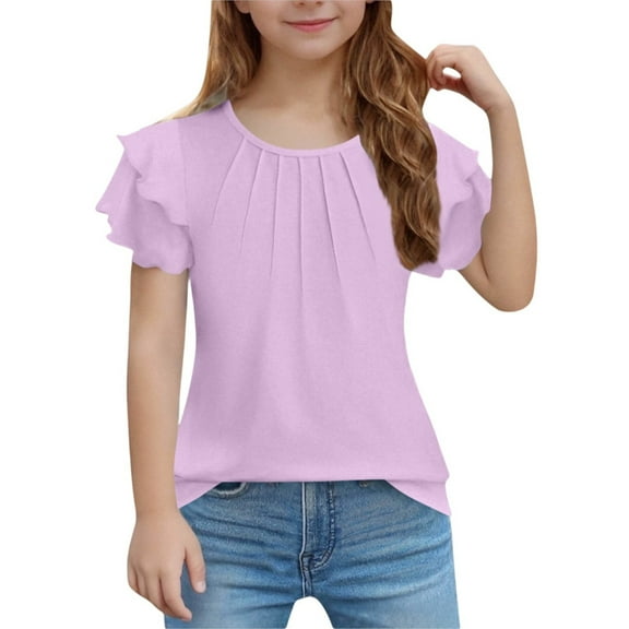 XADYUY Girls Tee Shirts 7-16 Summer Ruffle Short Sleeve Tshirt Pleated Toddler T-Shirt Fashion Crewneck Cotton Tee Tops Girls,4-5 Years Purple