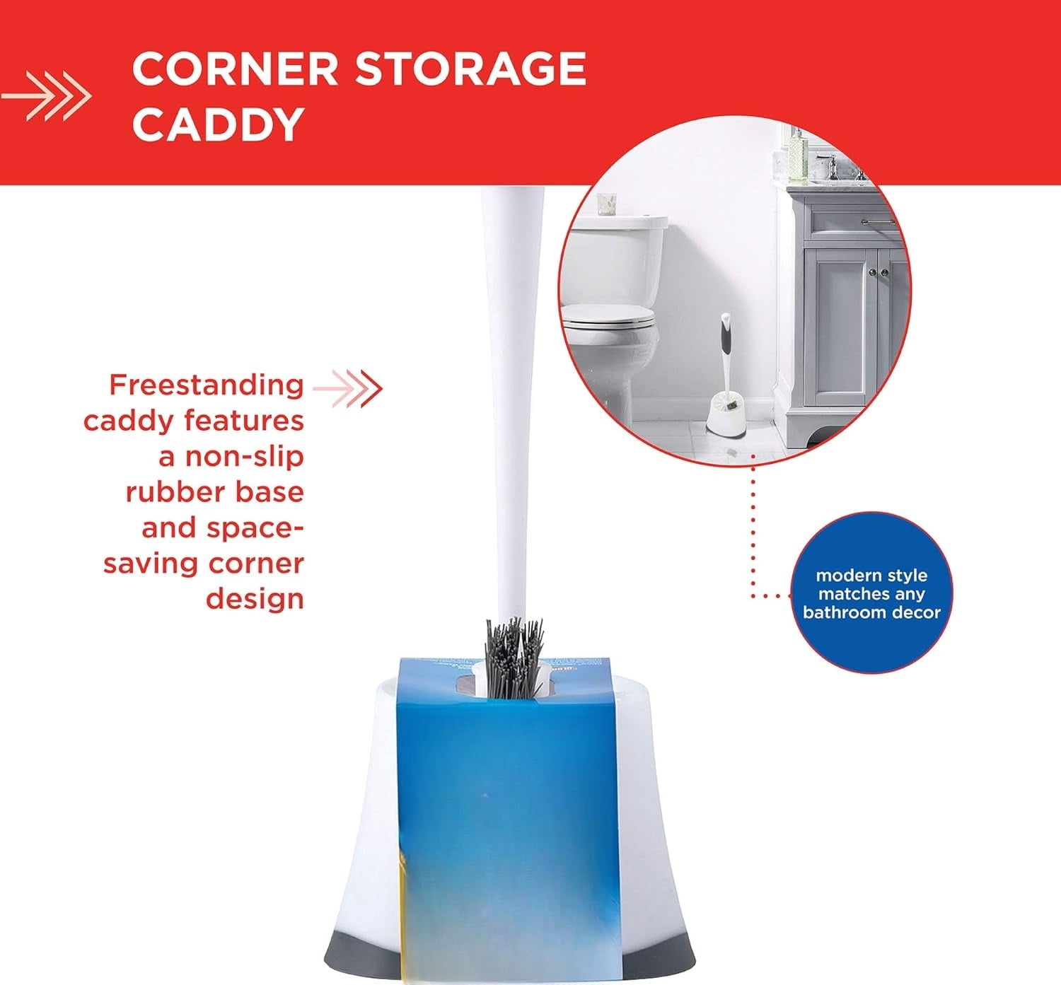 Under-Rim Toilet Bowl Brush with Corner Storage Caddy, 16 x 5 x 5.5 in