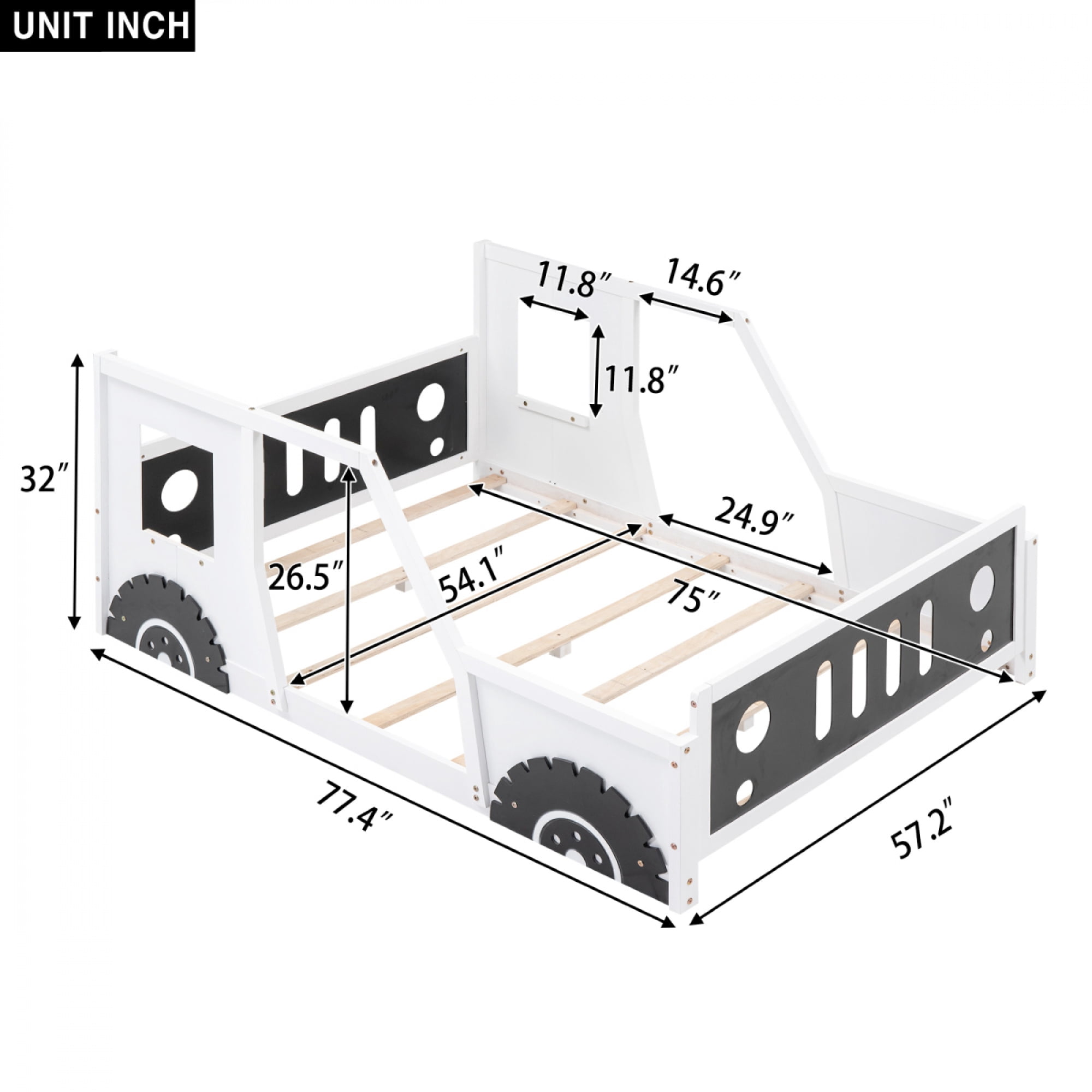 Full Size Classic Car-Shaped Platform Bed with Wheels, Wooden Kids Bed Frame for Bedroom, No Box Spring Needed,White