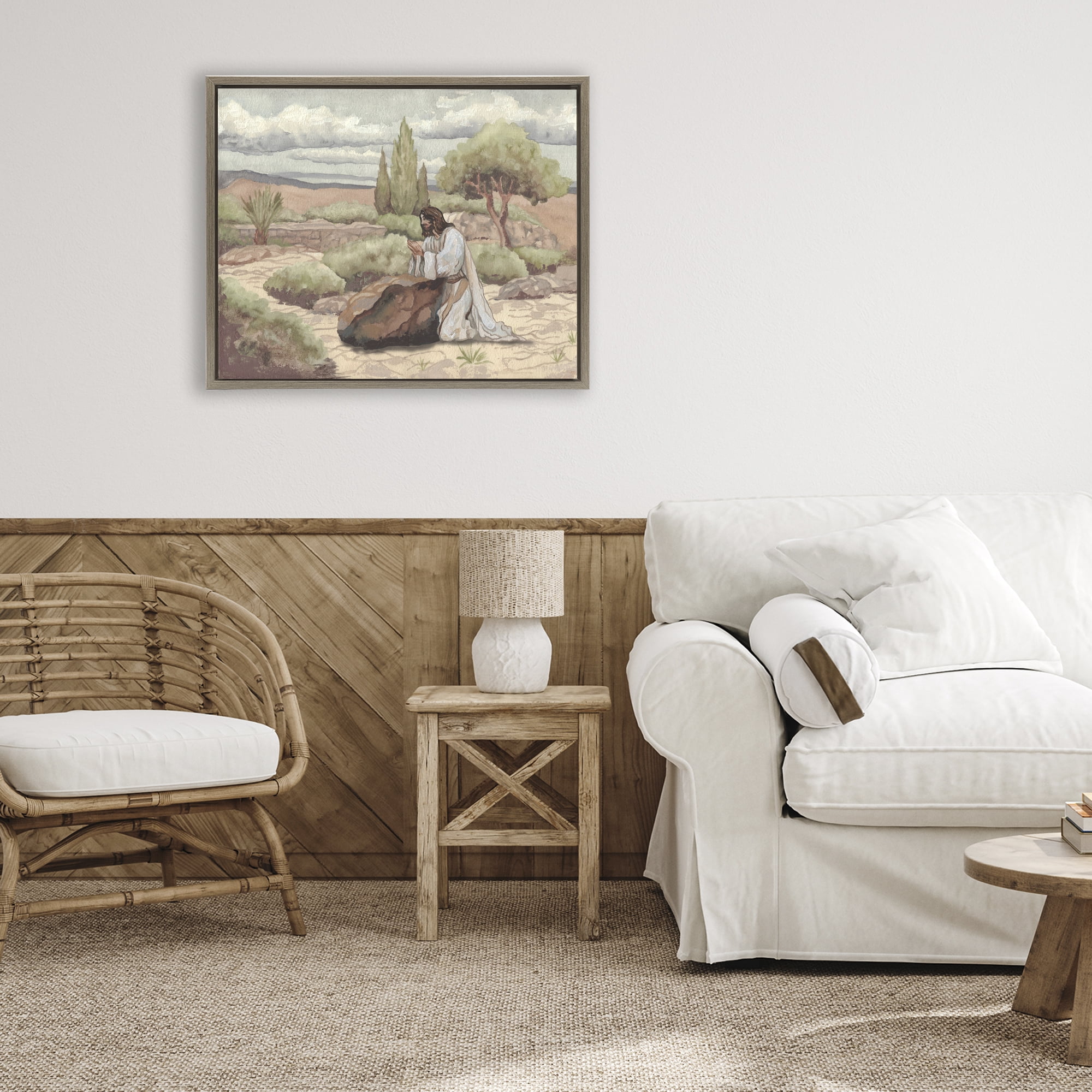 Stupell Industries Jesus Praying Countryside Brown Framed Floater Canvas Wall Art, design by Elizabeth Medley