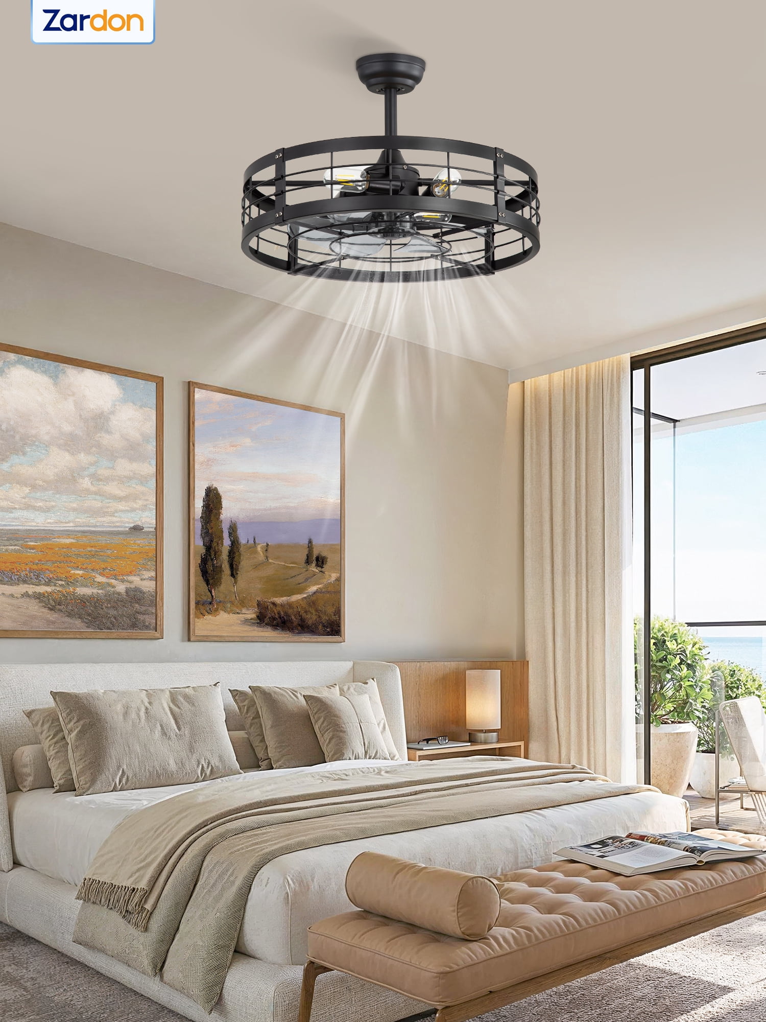 Zardon 22" Matte Black Cage Ceiling Fan with Light, Farmhouse and Bladeless with Timer, 6 Speeds, Ultra Quiet 30dB for Bedroom, Kitchen, Living Room