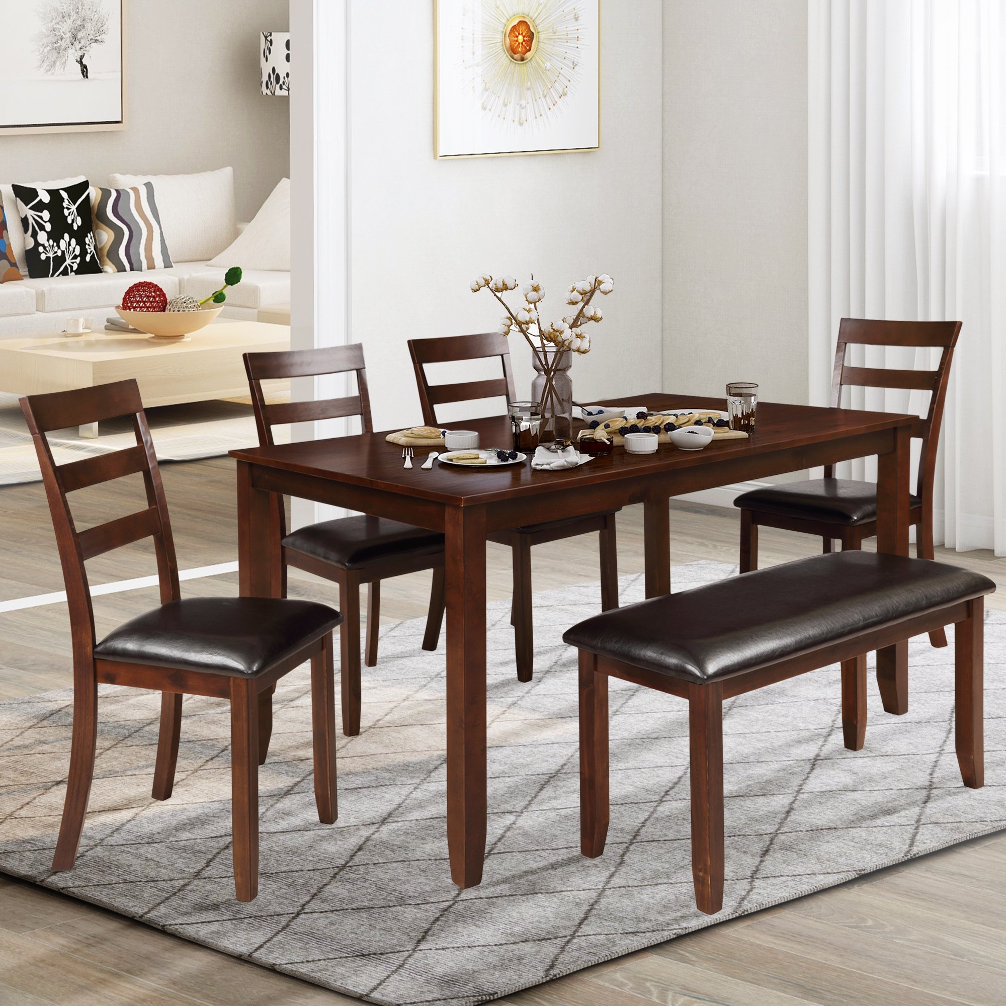 Euroco 6 Piece Dining Room Table Set With 4 Ladder Chairs And Bench Brown Walmart Com Walmart Com
