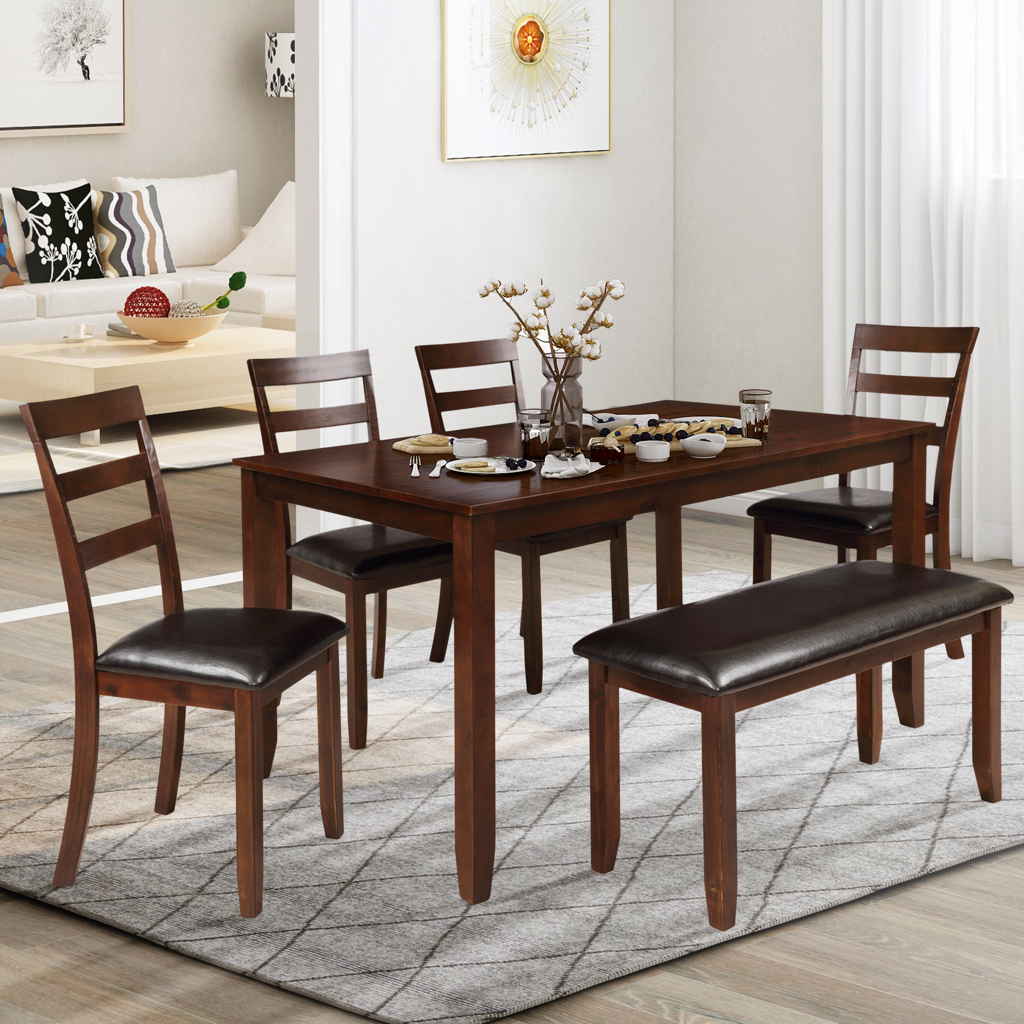 EUROCO 6-Piece Dining Room Table Set with 4 Ladder Chairs and Bench, Brown - image 2 of 7