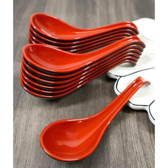 Contemporary Red Black Melamine Asian Soup Spoons With Ladle Hook Pack Of 12 Set