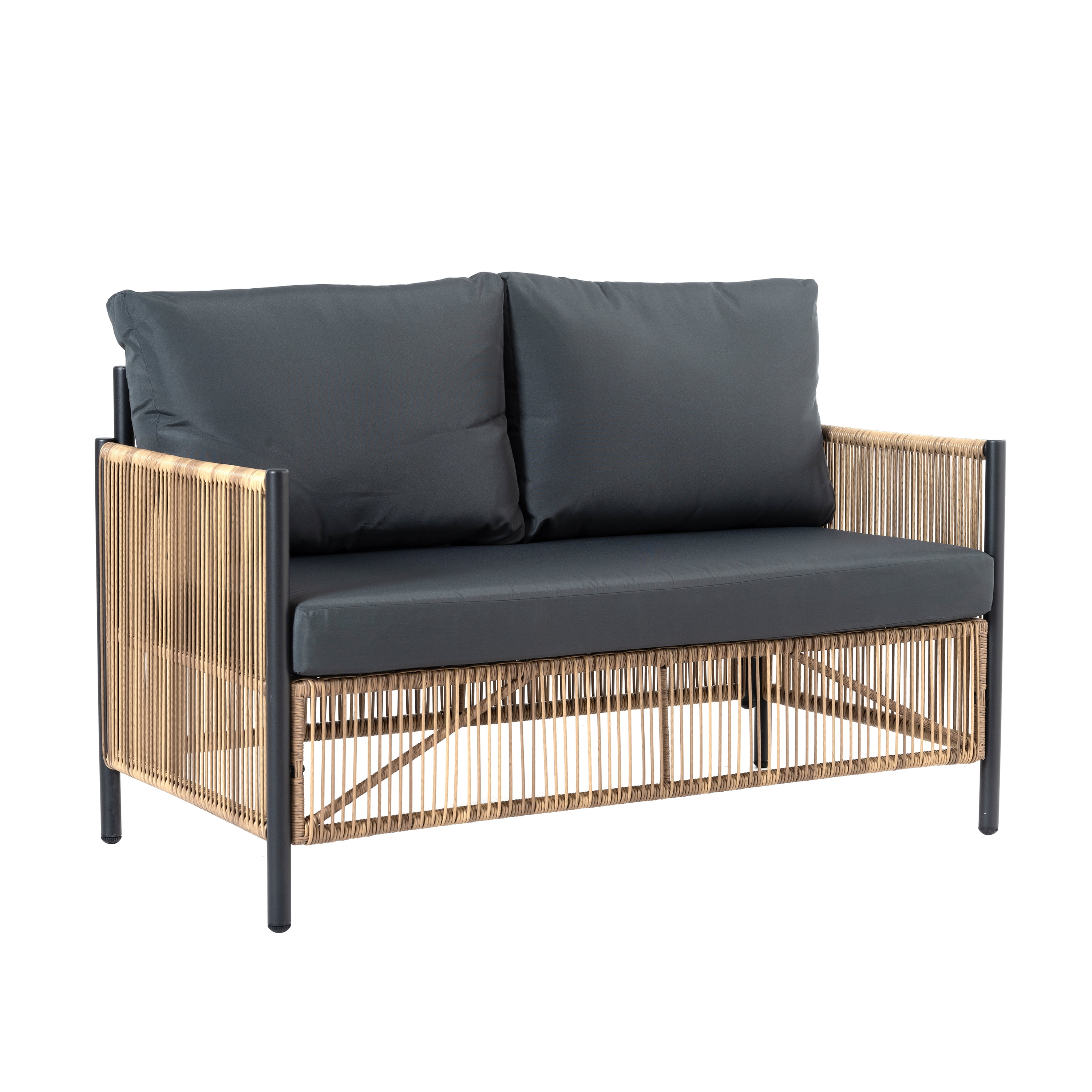 Outdoor PE Brown Wicker 2 Seats Sofa with Grey Cushion and Table Set
