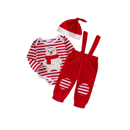 

Newborn Baby Boy Christmas Outfits Bear Print Striped Long Sleeve Romper +Suspender Pants Overalls +Hat Fall Winter Xmas Clothes Set