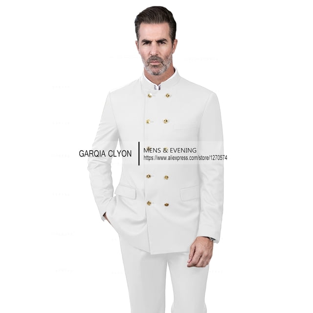 Trajes de estilo chino para hombre, traje de cuello alto, doble botonadura, 3 bolsillos reales, traje de boda ajustado (Blazer + Pantalones), 2 piezas