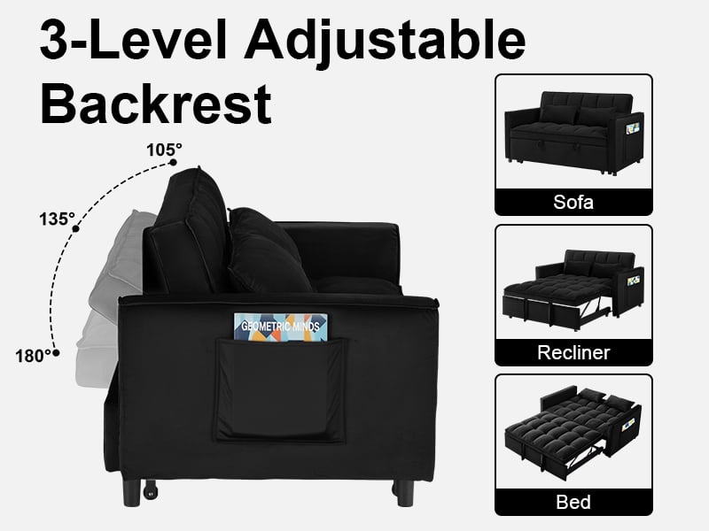 Howcool 55" 3 in 1 Convertible Sleeper Sofa Bed, Pull Out Loveseat Couch with Storage Pocket,Black