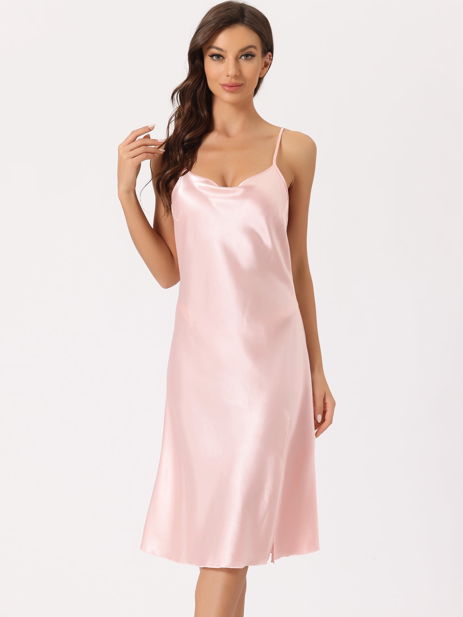DARING DIVA Women's Satin Sleeveless Backless Slit Silky Midi Nightgown XS Pink