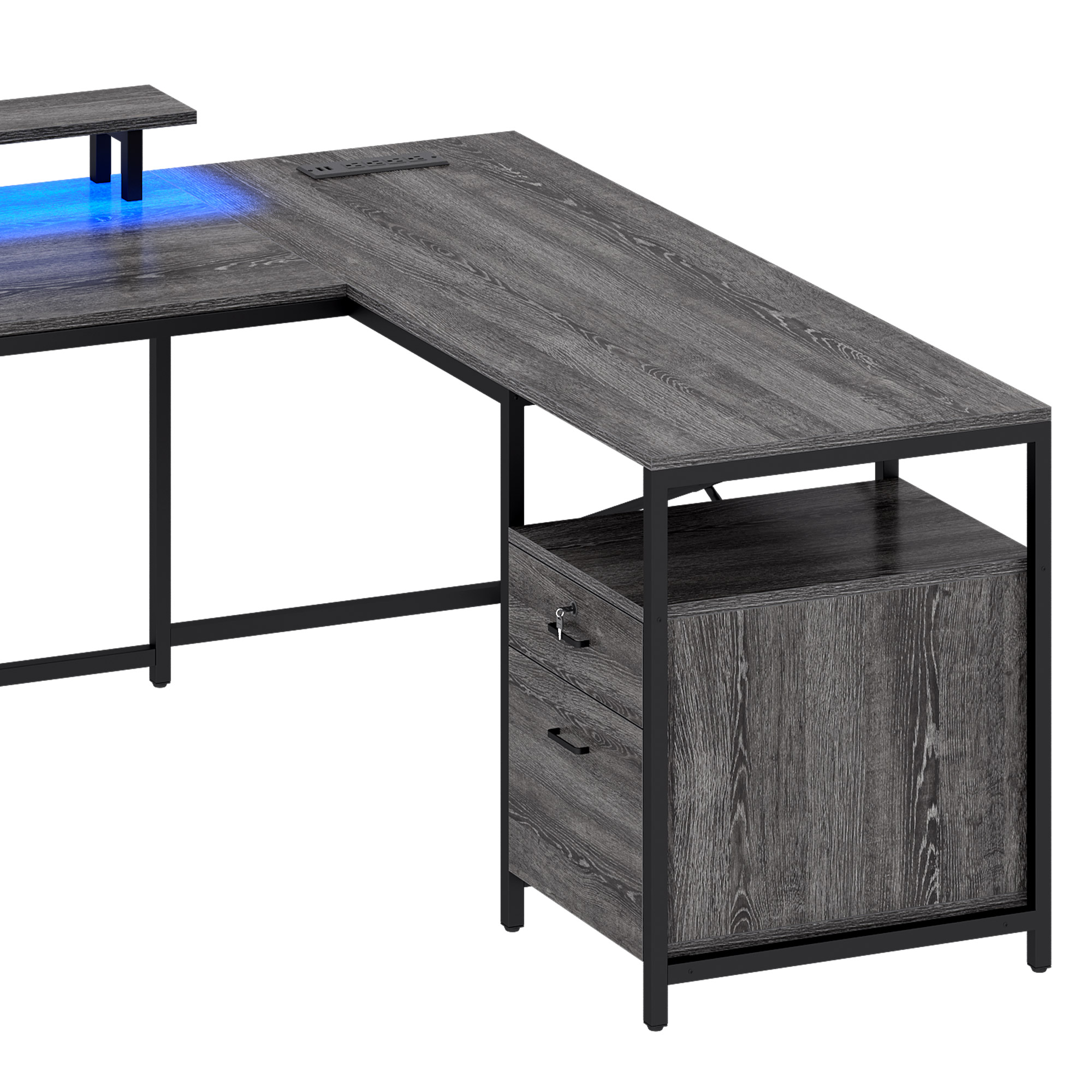 ModFusion Reversible U-Shaped Desk with Monitor Stand, Power Outlets & LED Lights, L-Shaped and Long Home Office Desk with Drawers - Gray