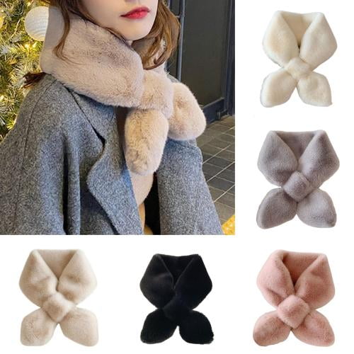 Cheers.US Premium Solid Color Long Faux Fur Warm Soft Furry Wrap Around Loophole Scarf Women Fuzzy Rabbit Fur Thicken Neck Wrap for Outdoor