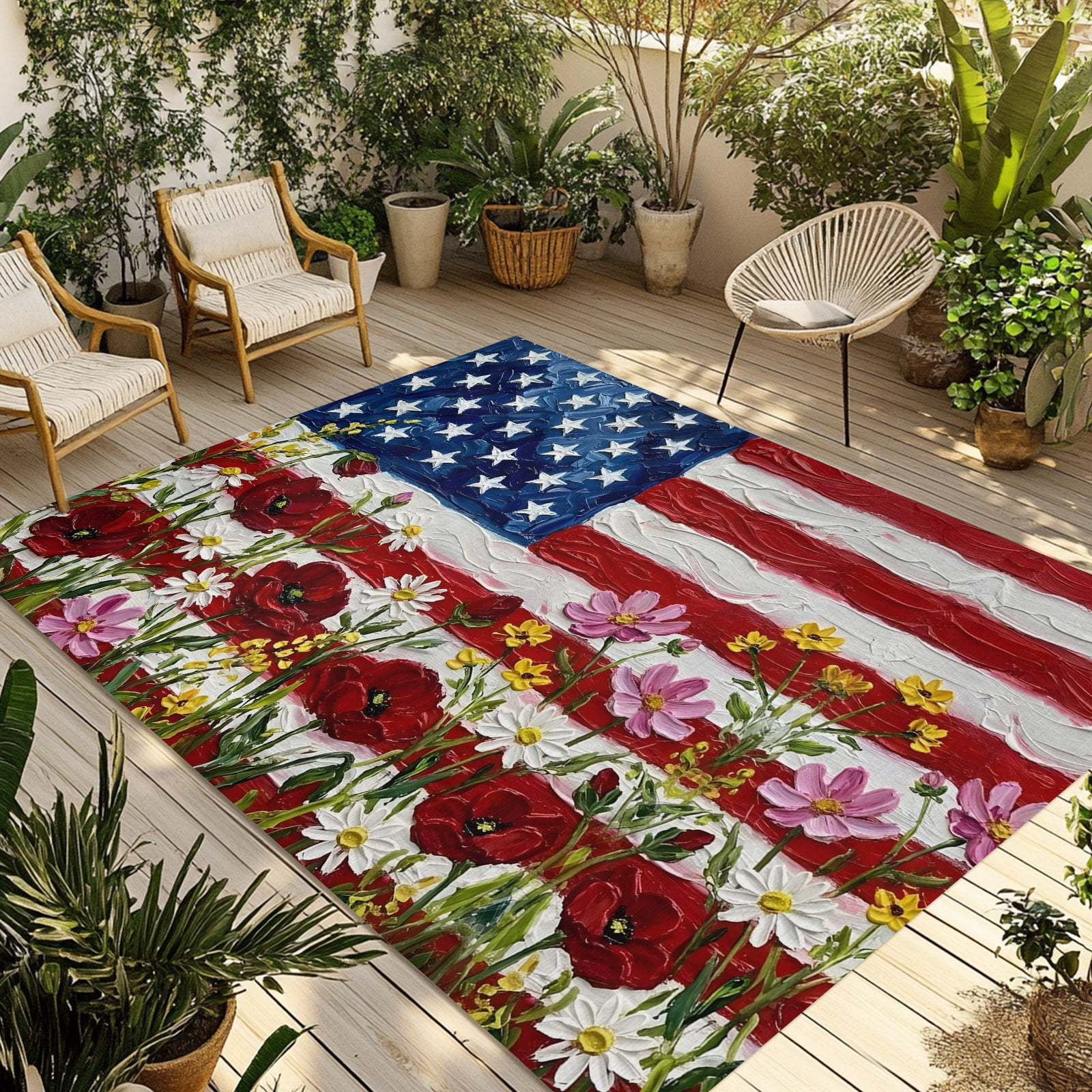 Abstract American Flag Indoor Outdoor Rugs 5x7 Ft, Poppy Sunflower