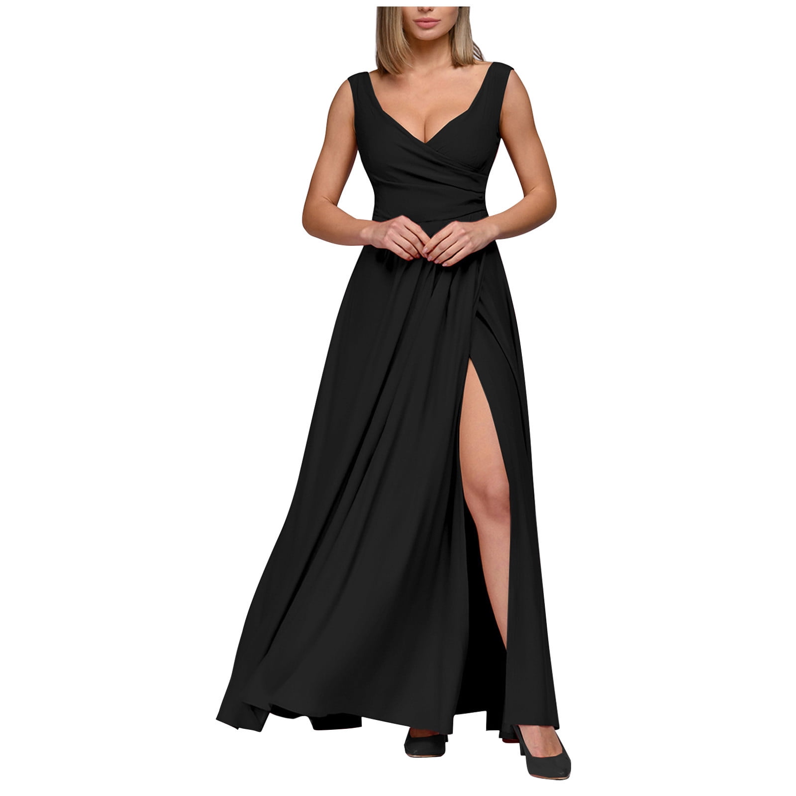 QIPOPIQ 2024 Robe de Cocktail Sexy Sans Manches à Col en V Froncée pour Femmes Robe de Bal Robe de Demoiselle d'Honneur pour Invités de Mariage Été en Solde