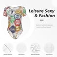 thumbnail image 4 of KLL Women 's Crew Neck Bodysuit Jumpsuits Travel Stamp Print Short onesies Stretch T Shirts, 4 of 7