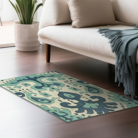 My Magic Carpet 3'x5' Machine Washable Non-Slip Kitchen Entryway Area Rug - Ochre Ikat Steel Blue