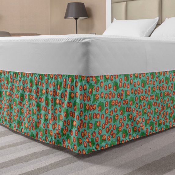 Spring Bed Skirt, Cloudberry Branches Summer Season Flourish Eat Organic Wild Seeds Pattern, Elastic Bedskirt Dust Ruffle Wrap Around for Bedding Decor, 4 Sizes, Paprika and Sea Green, by Ambesonne