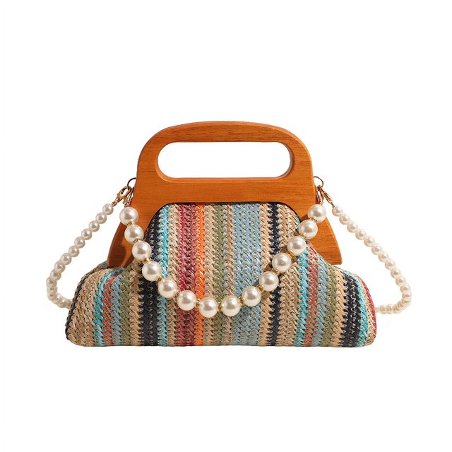 Bolso Tejido Paja para Mujer Mano Hobo Elegante Con Perlas Viajes Al Aire Libre