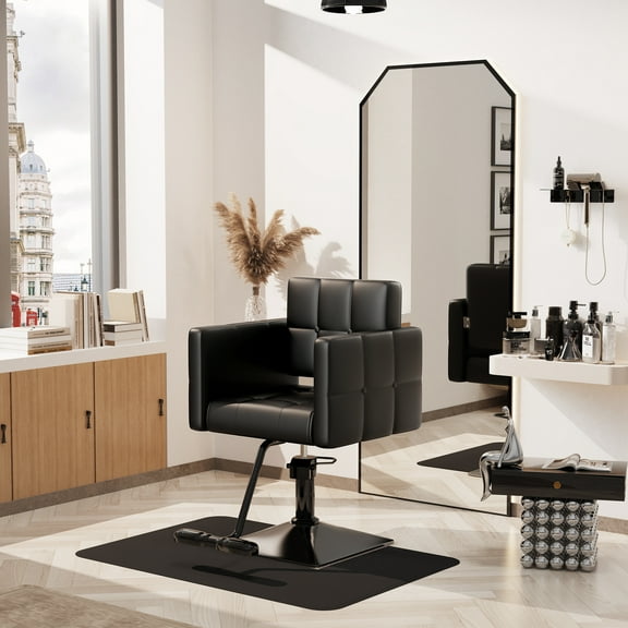 Baasha High-end Salon Chair, Allblack Stylist Chair Faux Leather, 360° Swivel, 330 lbs Weight Capacity, Memory Foam Cushion, Arm Rest, Ergonomic, Adjustable Height, PU Leather