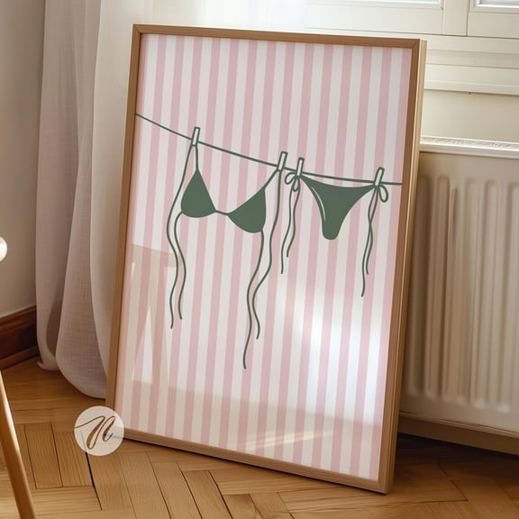 Bikini Art Print, Bathing Suit Poster, Beachy Prints, Coconut Girl, Coastal Aesthetic Wall Art, Green Pink Apartment Decor, Wall Art, Modern Wall Decor For Living Room Bedroom, 8x12 UNFRAMED