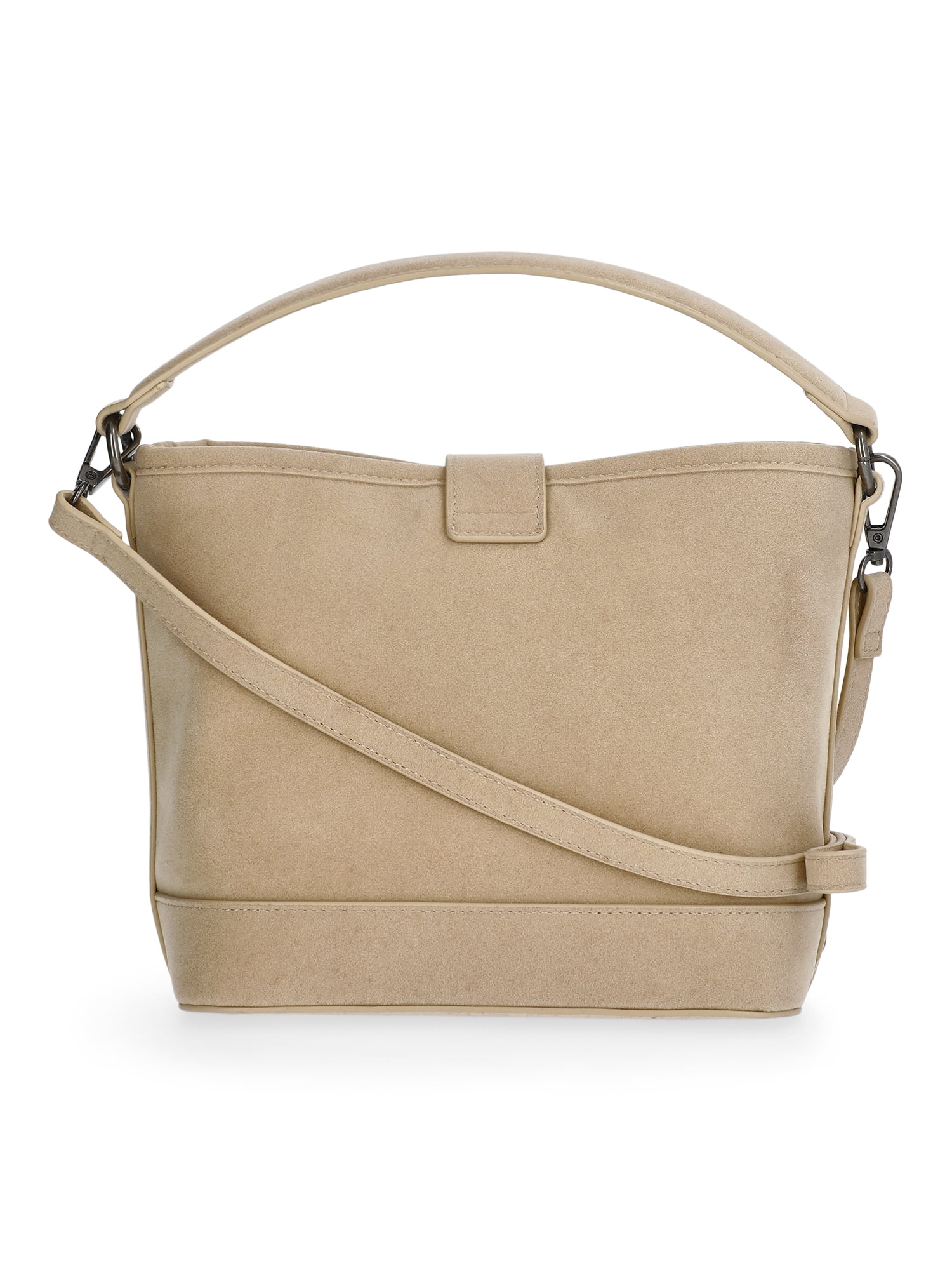 No Boundaries Women's Studded Faux Suede Moto Bucket Bag, Beige