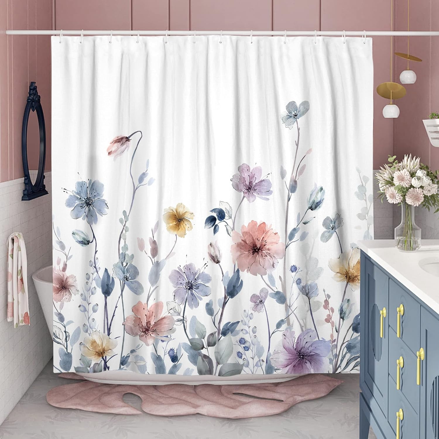 Watercolor Floral Tall Shower Curtain Set, Colorful Flower Shower Curtains for Bathroom Pastel Wildflower Bathroom Decor Polyester Fabric-72" x 78"