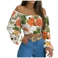 thumbnail image 2 of DPTALR Woman's Strapless Long Sleeve Print Off Shoulder Ruched Lantern Sleeve Crop Tops, 2 of 9
