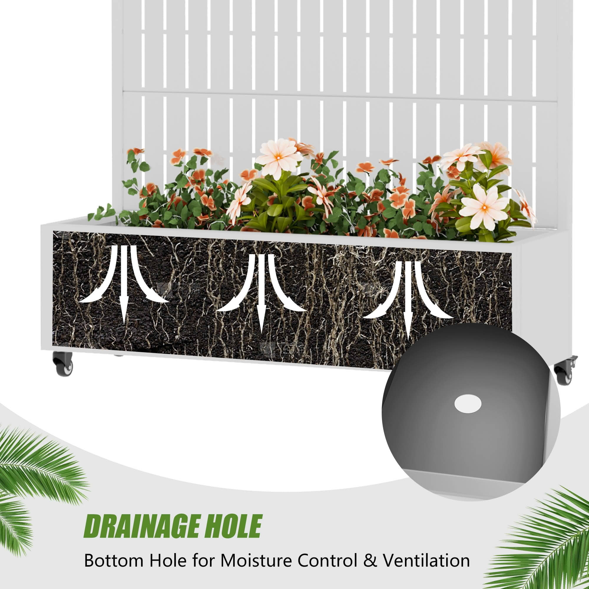 MAYEERTY 72X47" Metal Outdoor White Privacy Screen with Planter Box for Backyard & Garden, 5 Piece Set
