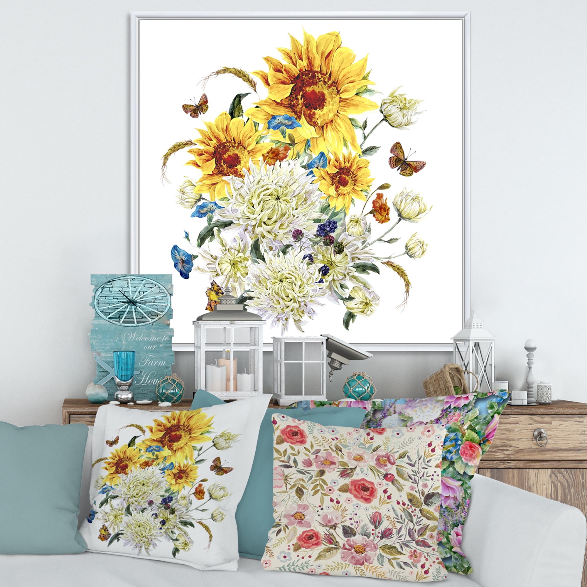 Designart 'Ancient Chrysanthemums and Sunflowers' Traditional Framed Canvas Wall Art Print
