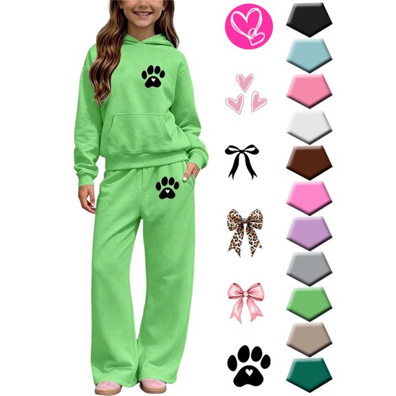 Ndbuld Kids Winter Hooded Sweatshirt Wide Leg Pants Set, Fleece Lined Warmth Casual Sports Two Piece Tracksuit