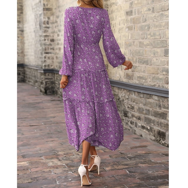 Vestido Largo Floral ANGGREK Con Cuello en V de Fibra de Poliéster Con Abertura Lateral