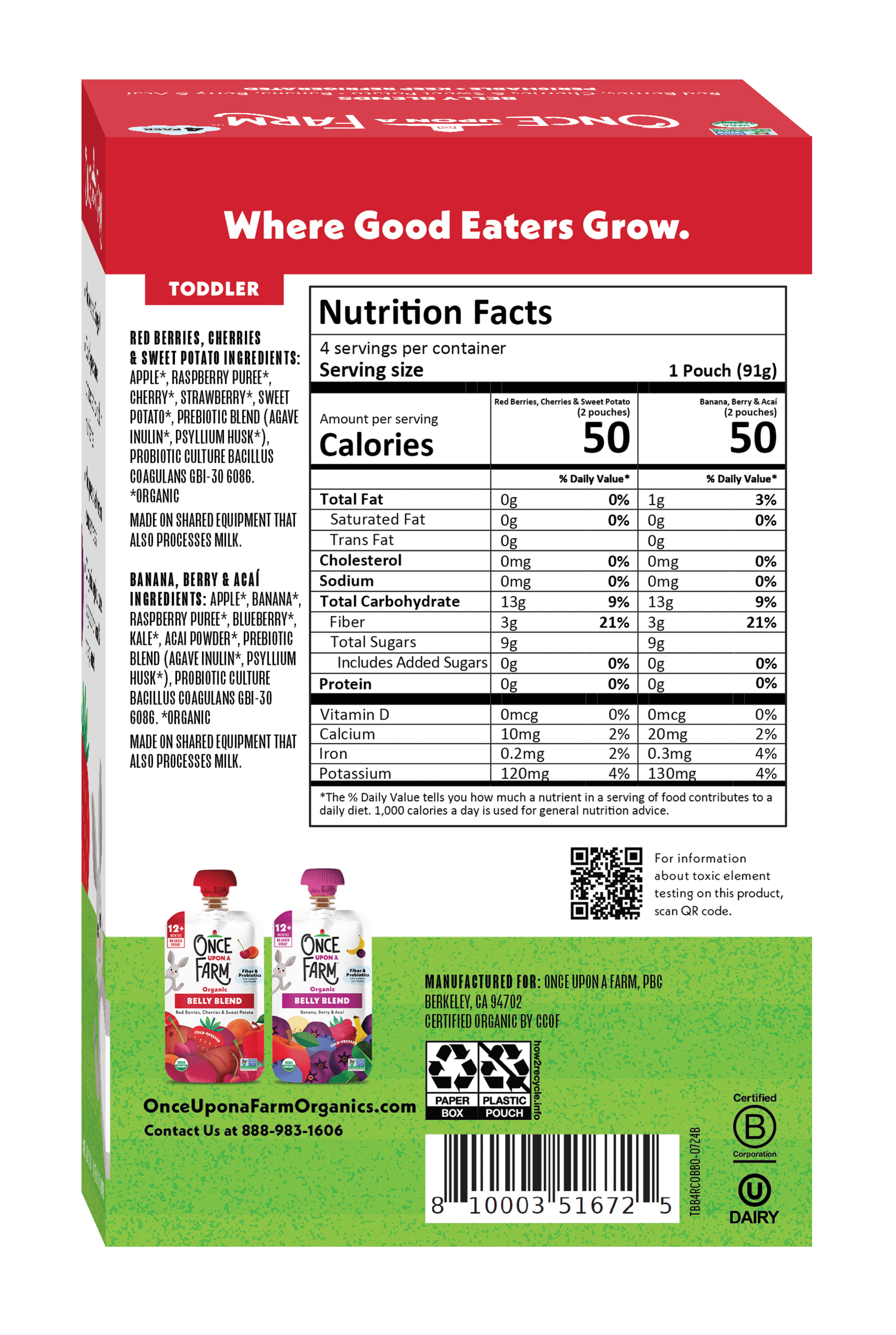 Once Upon a Farm Organic Refrigerated Toddler Food Belly Blends Variety Pack, 3.2oz Pouch (4 Pack)