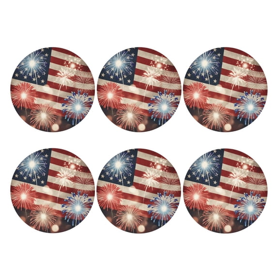 America Flag Firework Set of 6 Faux Leather 4 Inch Coasters Drinks Tabletop Home Dinning Round Shape