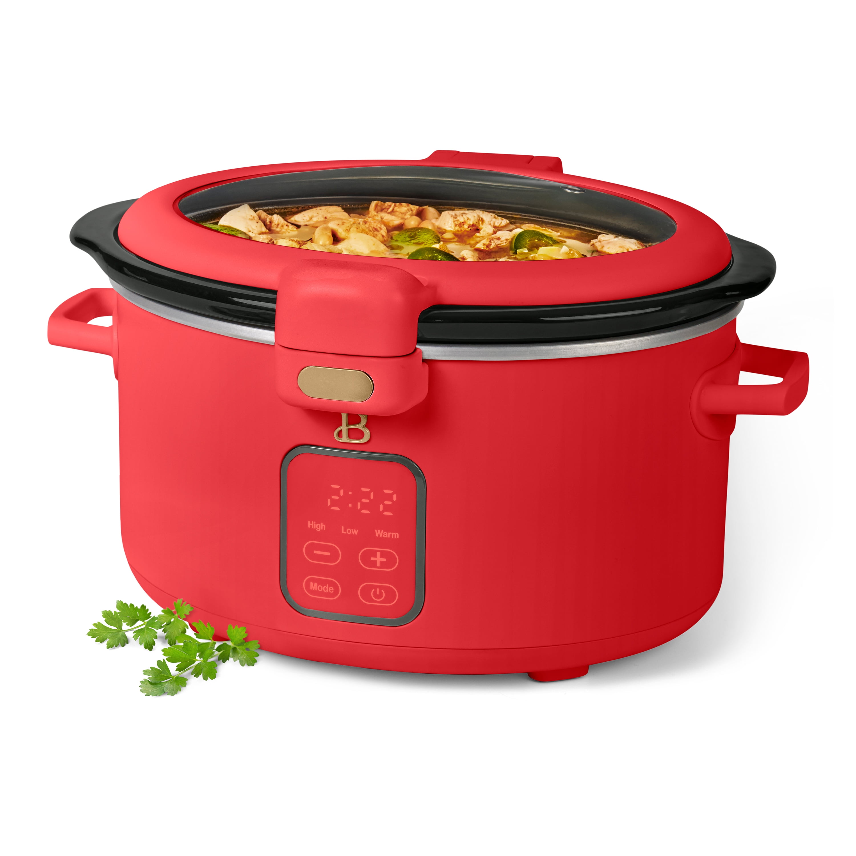 Beautiful 4 Qt Digital Slow Cooker with Hinged Locking Lid, Tomato Red by Drew Barrymore
