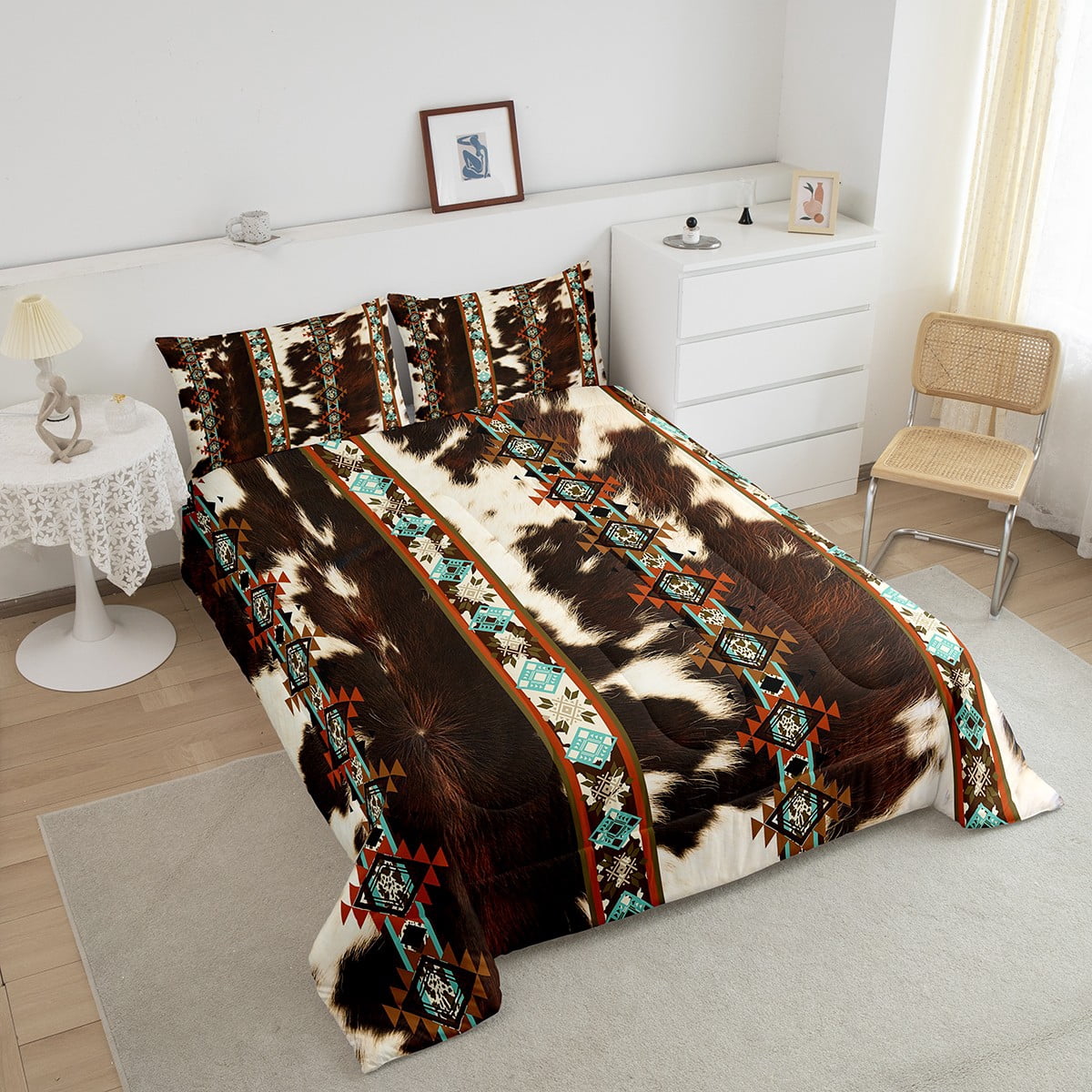 Cowhide Bedding Set Western Comforter Set King,Brown Highland Cow Print Quilt Exotic Aztec Farmhouse Wild Animals Duvet Insert,Longhorn Skin Room Decor Cowboys Gifts for Men