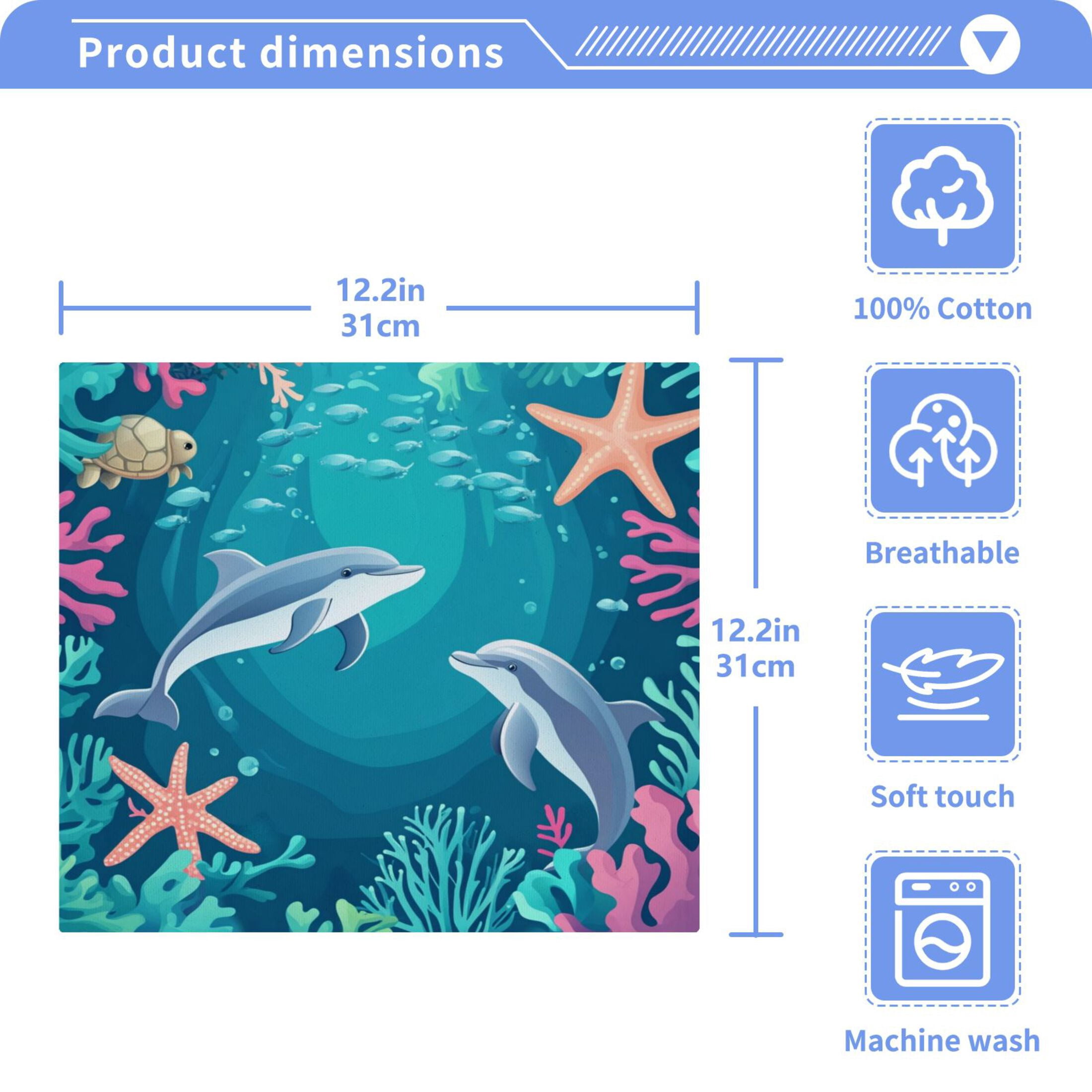 Dolphin Playful Picture 100% Cotton Face Towel 12x12in Soft Absorbent Washcloth Durable Printed Hand Towels for Bathroom Travel 6 Pcs