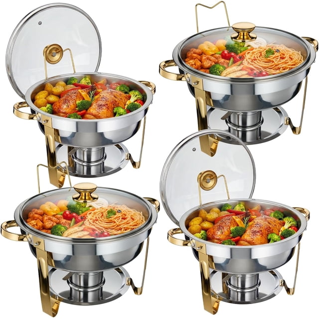 Ensemble de 4 Plats Ronds en Acier Inoxydable de 5 QT avec Couvercle et Porte-Carburant, Réchaud de Buffet pour Fêtes, Mariages, Restaurants - Or