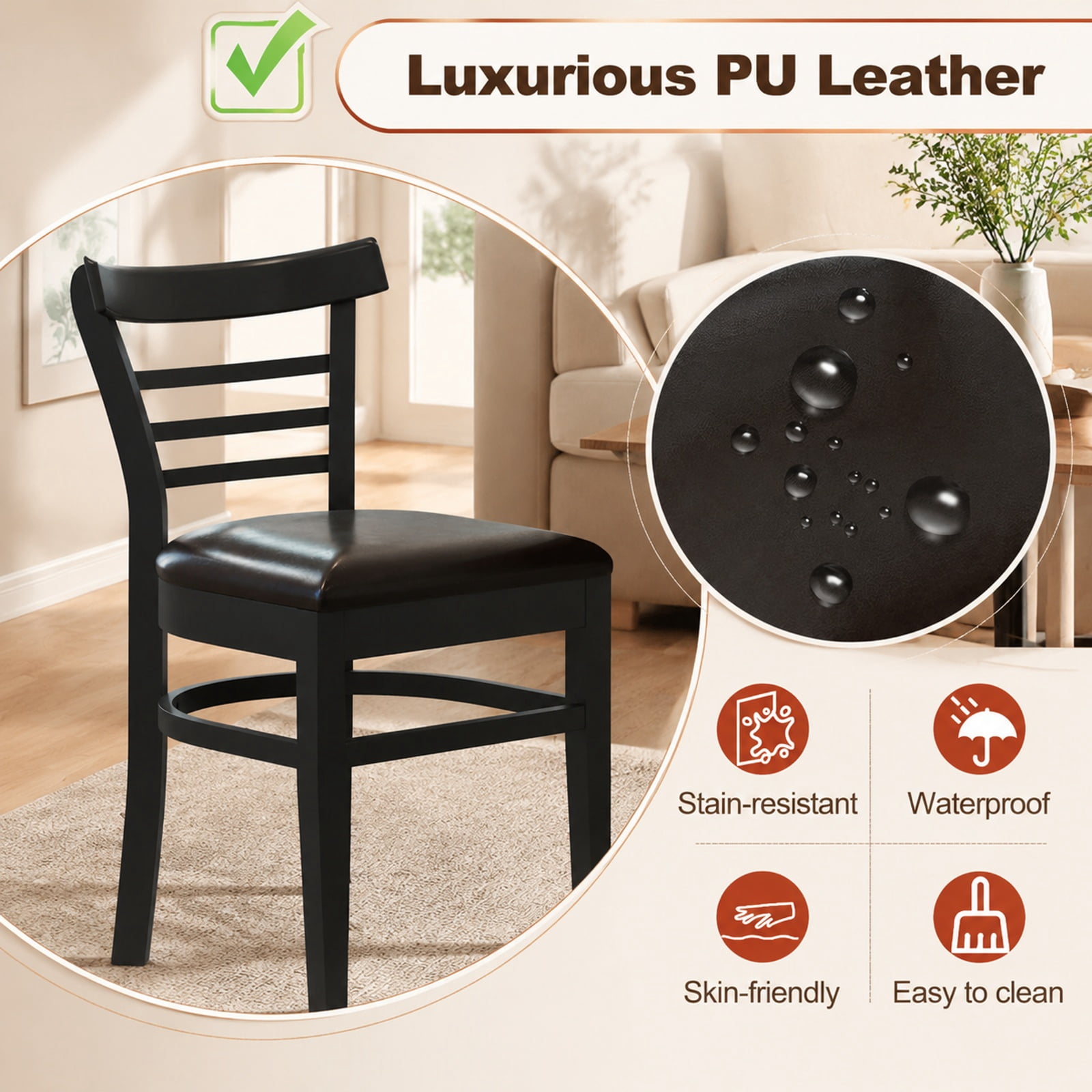 Furnibear Wooden Dining Chairs Set of 2 with Faux Leather Seats and Rubber Wood Legs for Restaurant Kitchen and Dining Room, Black