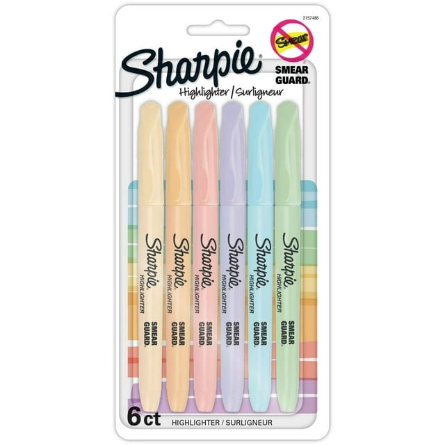 Sharpie Pocket Highlighters, Mild Pastel Colours, Assorted, Chisel Tip, 6 Count, Narrow tip highlighters