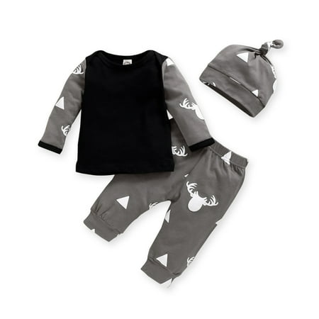

Newborn Baby Boys Outfits Dear Print Long Sleeve Splice Shirt Top+Dear Print Pants+Hat 3PCS Outfits Set 0-3 Months Black