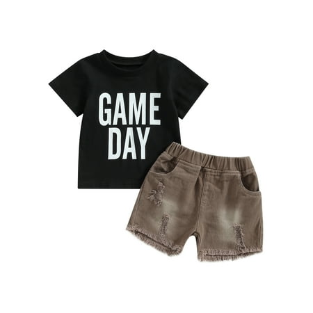 

Bagilaanoe 2pcs Toddler Baby Boy Girls Short Pants Set Letter Print Short Sleeve T-shirt Tops + Ripped Denim Shorts 6M 12M 18M 24M 3T 4T 5T Kids Casual Summer Outfits