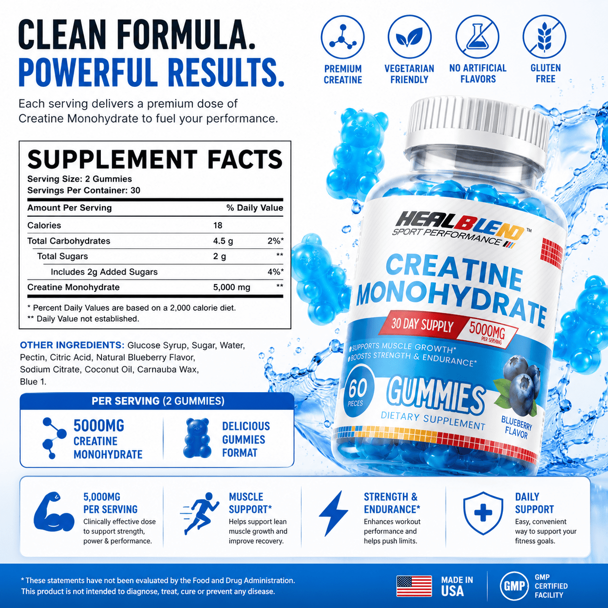 Healblend Sport Performance Creatine Monohydrate Gummies, Muscle Growth, Strength & Endurance Support Blueberry Flavor, 5000mg, 60 Count